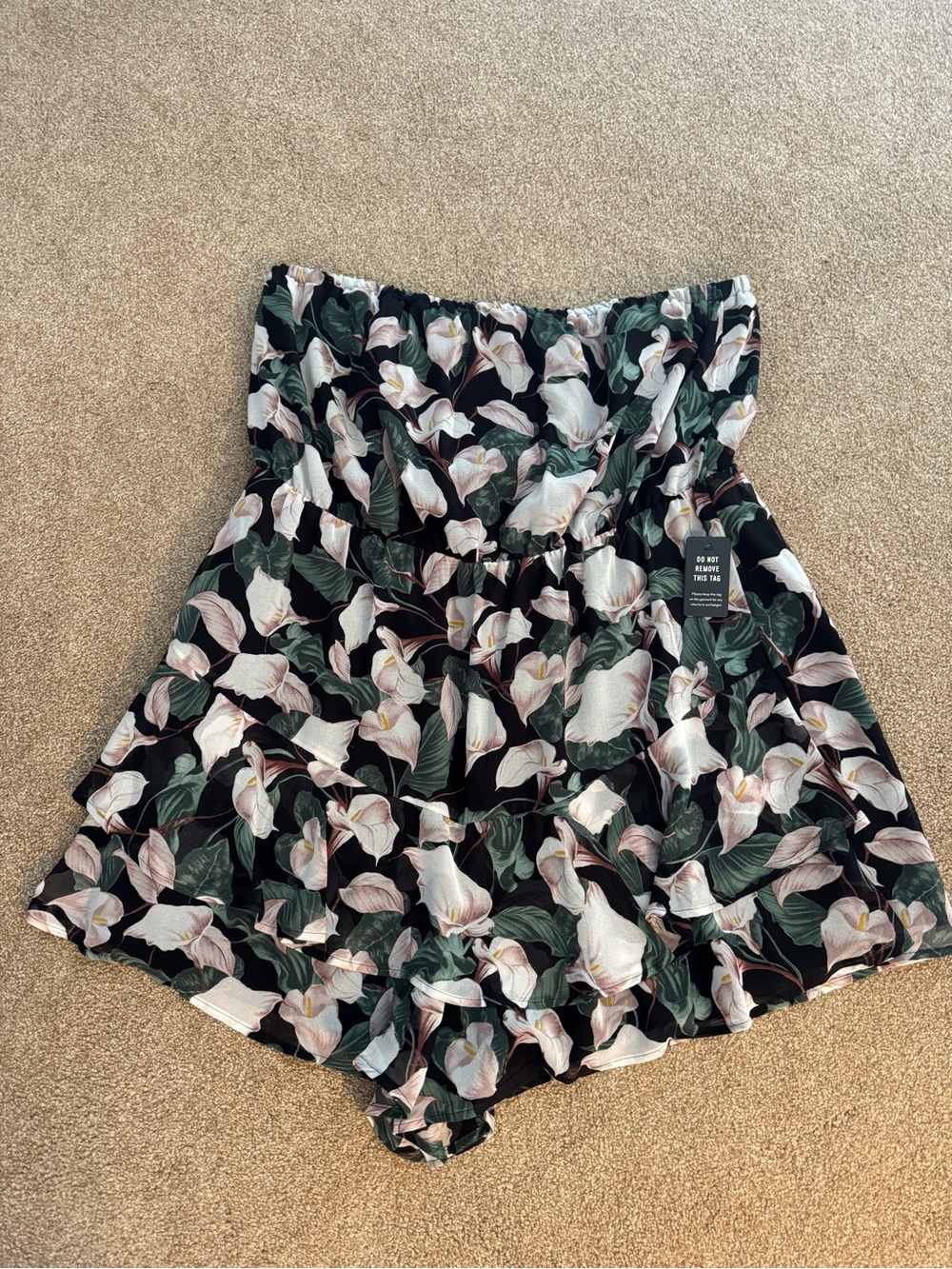 Express Black Strapless Floral Romper with Green & Pink Leaf Print